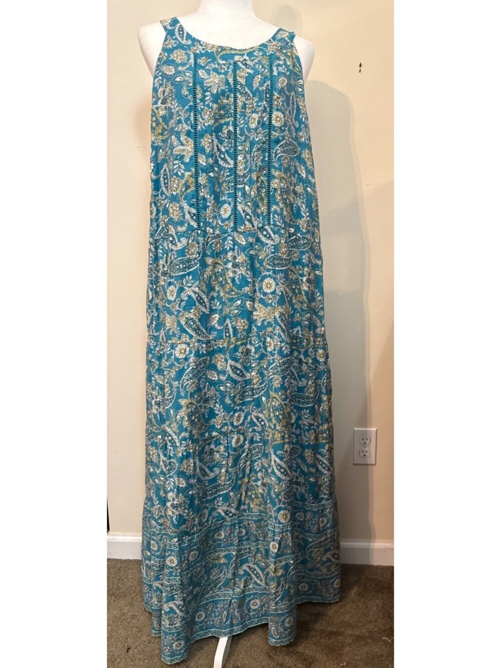 J. Jill Teal Paisley Floral Sleeveless Tiered Maxi Cottage Core Boho Maxi Dress